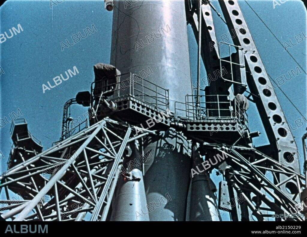 Vostok 1 rocket being prepared for launch, 1961, this is a still from a soviet film of the launch.