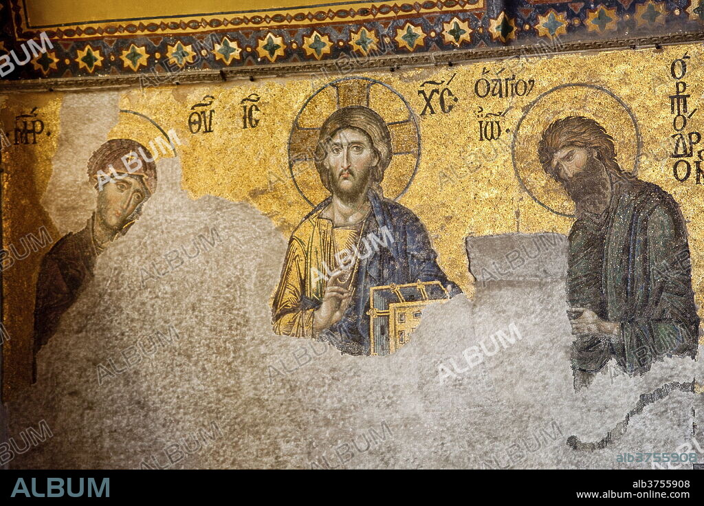 The Deesis Mosaic, depicting Christ Pantrocrator flanked by the Virgin Mary and St. John the Baptist, dating from the Restoration of Constantinople in 1261 at the end of Crusader occupation, Aya Sofya (Hagia Sophia), UNESCO World Heritage Site, Istanbul, Turkey, Europe.