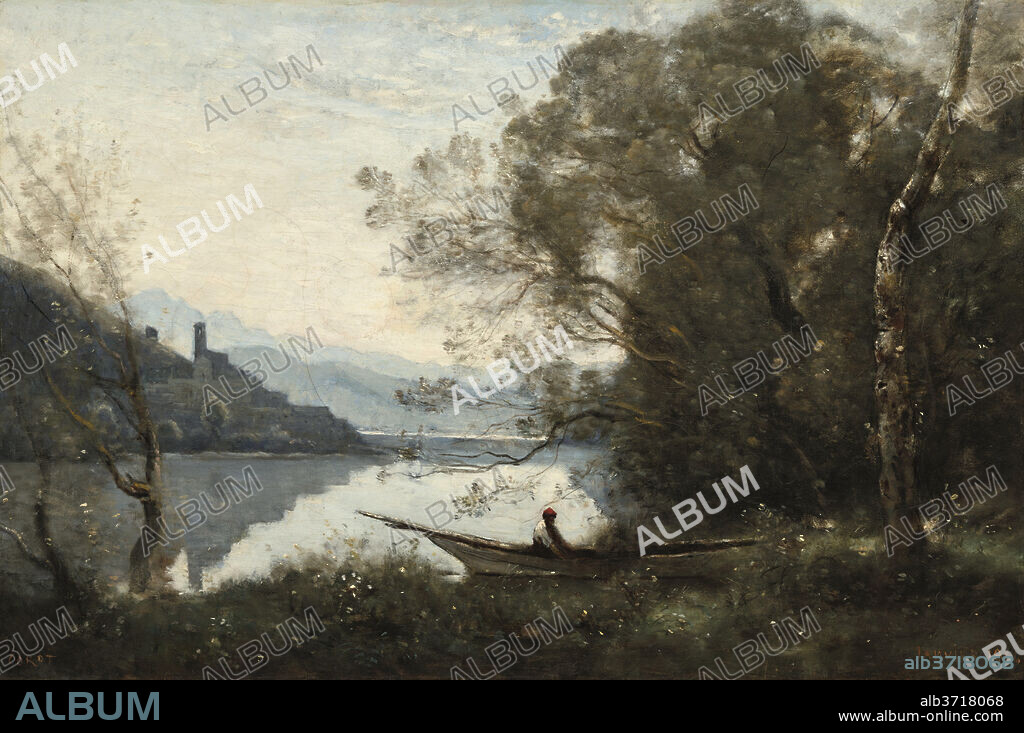JEAN-BAPTISTE-CAMILLE COROT. The Moored Boatman: Souvenir of an Italian Lake. Dated: 1861. Dimensions: overall: 60.96 × 90.17 cm (24 × 35 1/2 in.)  framed: 83.82 × 114.3 × 11.43 cm (33 × 45 × 4 1/2 in.). Medium: oil on canvas.