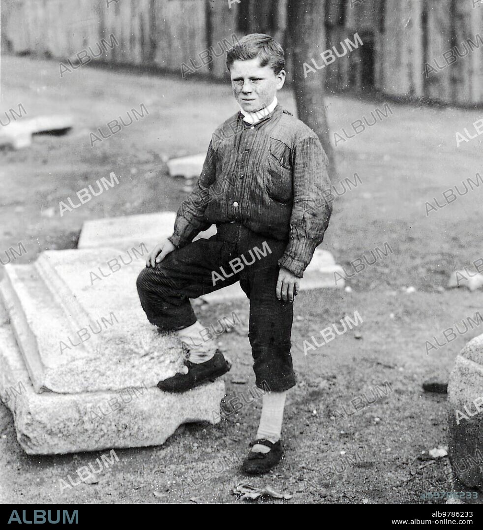 March 1910. The boy Pio Pasquin, who has returned to his home after being kidnapped for two months by street vendors.