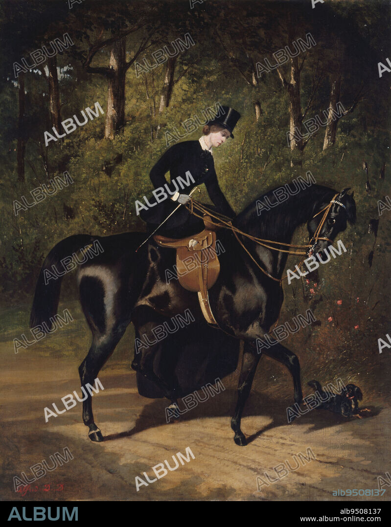 The rider Kippler on his black mare, Dreux, Alfred de, Painter, Circa 1850, 19th century, Petit Palais Garden level Room 07, Painting, Oil painting, Dimensions - Work: Height: 92.5 cm, Width: 73.5 cm, Dimensions - Frame: Height: 114 cm, Width: 95 cm, Thickness: 9 cm.