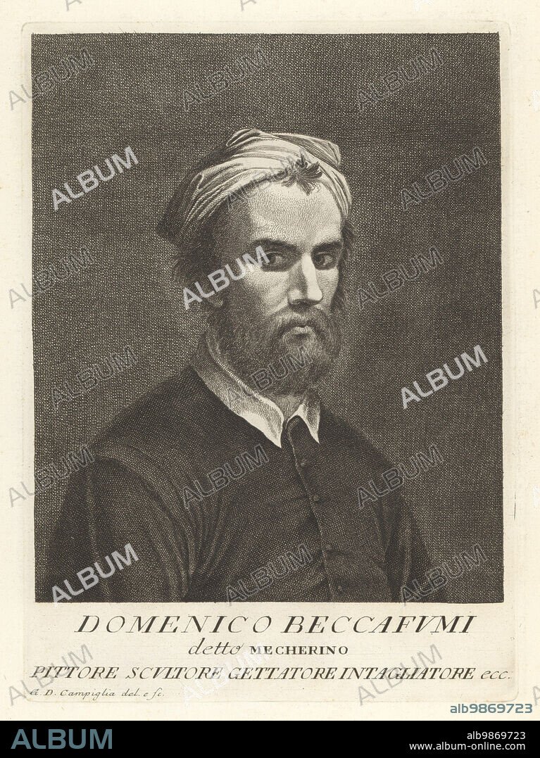 Domenico Beccafumi, Italian Renaissance-Mannerist painter active predominantly in Siena, 1486-1551. Also sculptor, mosaicist, and engraver. Known as il Mecherino or il Mecarino. Pittore, Scultore, Gettatore, Intagliatore. Copperplate engraving drawn and engraved Giovanni Domenico Campiglia after a self portrait by the artist from Francesco Moucke's Museo Florentino (Museum Florentinum), Serie di Ritratti de Pittori (Series of Portraits of Painters) stamperia Mouckiana, Florence, 1752-62.