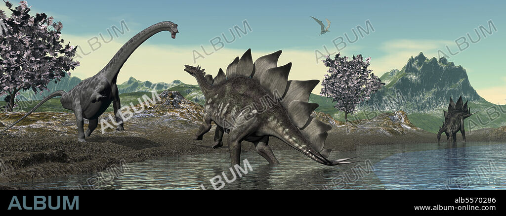 Brachiosaurus and Stegosaurus dinosaurs in a territorial dispute by the water.