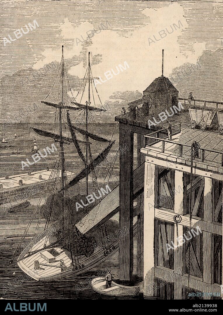 Seaham Harbour, County Durham, England. Loading a sailing vessel with coal. The railway wagons were unloaded into the top of the 'spout' on the staithe or wharf. The bottom of the spout was positioned over the hold of the ship. Seaham Harbour and New Town were founded in 1828 to export coal from the east of the Durham Coalfield. Engraving from "The Penny Magazine" (London, April 1835).  (Photo by: Universal History Archive/UIG via Getty Images).