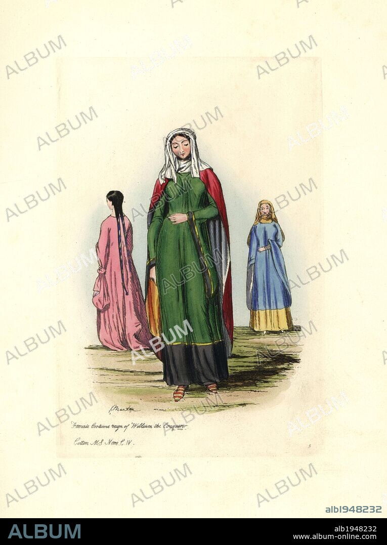 Women in long sleeved dresses, long mantles and veils. Female costume in the reign of William the Conqueror, 11th century. Cotton MS Nero, C.IV. Handcolored engraving from "Civil Costume of England from the Conquest to the Present Period" drawn by Charles Martin and etched by Leopold Martin, London, Henry Bohn, 1842. The costumes were drawn from tapestries, monumental effigies, illuminated manuscripts and portraits. Charles and Leopold Martin were the sons of the romantic artist and mezzotint engraver John Martin (1789-1854).
