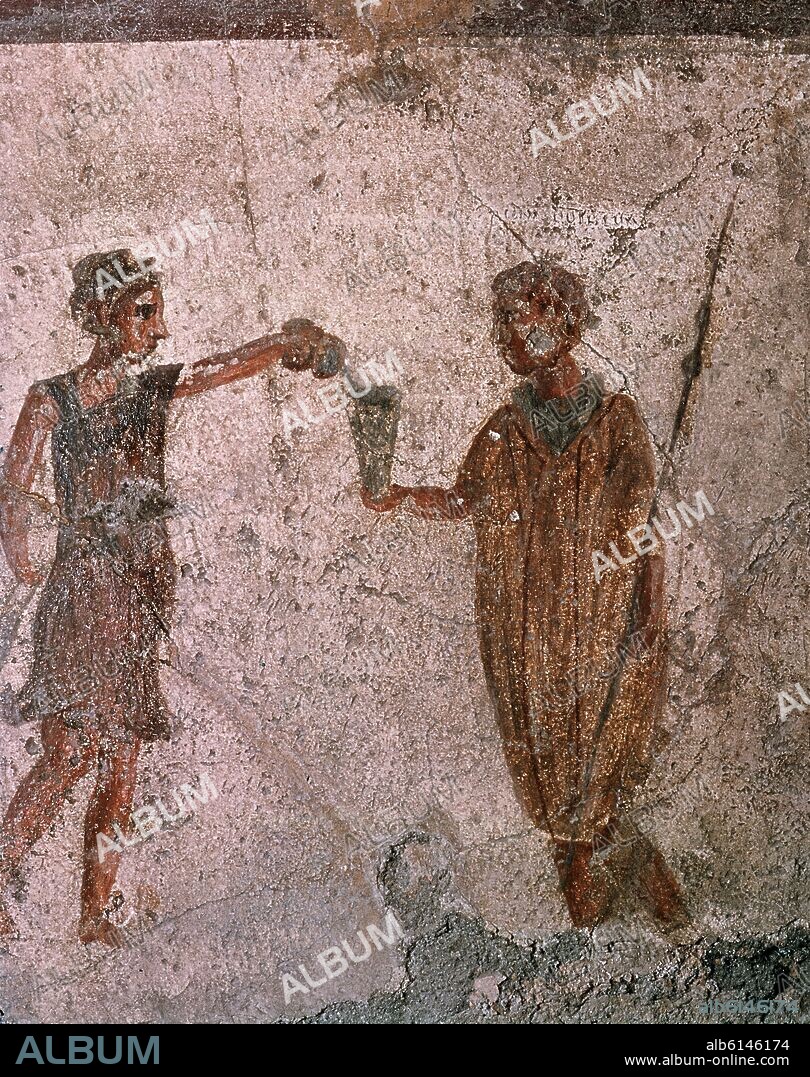 SERVICIO DE VINO A UN CLIENTE - PINTURA MURAL EN UNA TABERNA ROMANA - SIGLO I.