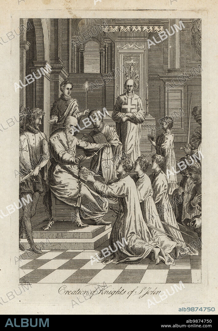 Creation of Knights of St. John. Induction ceremony of the Knights Hospitaller in a chapel. A Grand Master seated on a throne holds up a pallium sash with cross. Three young men in long gowns with swords kneel before him. Other knights in ruff collars, doublets and hose date the scene to the 15th century before the Dissolution of the Monasteries. Copperplate engraving by Malcolm from an unknown book, London, 18th century.