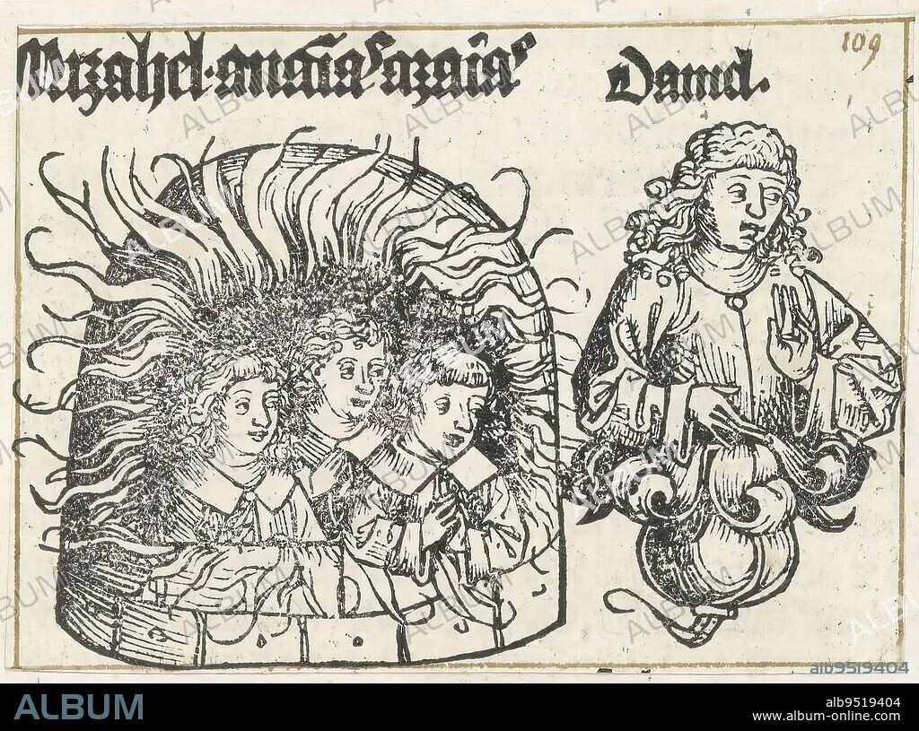 Three men in the furnace of fire and Daniel, Mizahel / Ananias / Azarias / Daniel (title on object), Liber Chronicarum (series title), Three young men in a furnace (Misaël, Ananias and Azarias). They were thrown into the furnace by Nebuchadnezzar because they refused to worship a golden statue. Next to them is a flower calyx with a man, looking to the right. The text identifies him as the prophet Daniel. The print is part of an album., print maker: Michel Wolgemut, (workshop of), print maker: Wilhelm Pleydenwurff, (workshop of), Neurenberg, 1493, paper, letterpress printing, height 74 mm × width 101 mm.