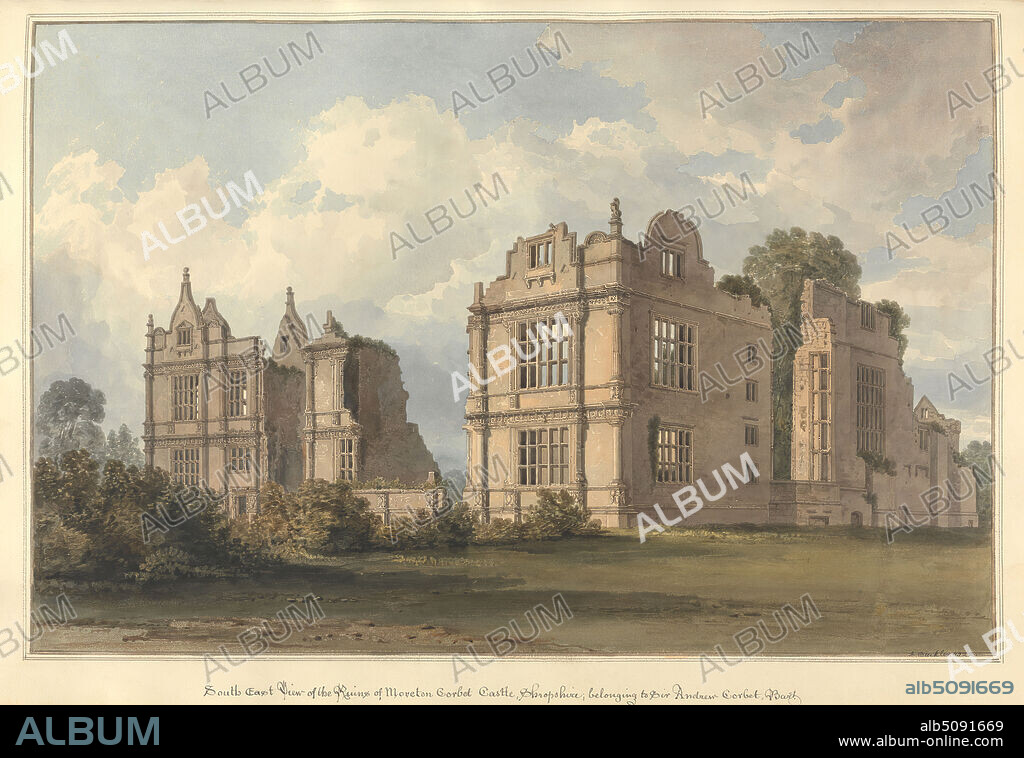 South East View of the Ruins of Moreton Corbet Castle, Shropshire; belonging to Sir Andrew Corbet, Bart., John Buckler FSA, 17701851, British, and John Chessell Buckler, 17931894, British, 1822, Watercolor and pen and black ink on moderately thick, cream wove paper, Sheet: 14 × 19 3/4 inches (35.6 × 50.2 cm) and Image: 12 1/8 × 18 3/8 inches (30.8 × 46.7 cm), architectural subject, castle, country house, Dutch gables, Elizabethan, finials, manor, mullions, pilasters, ruins, England, Europe, Shropshire, United Kingdom.