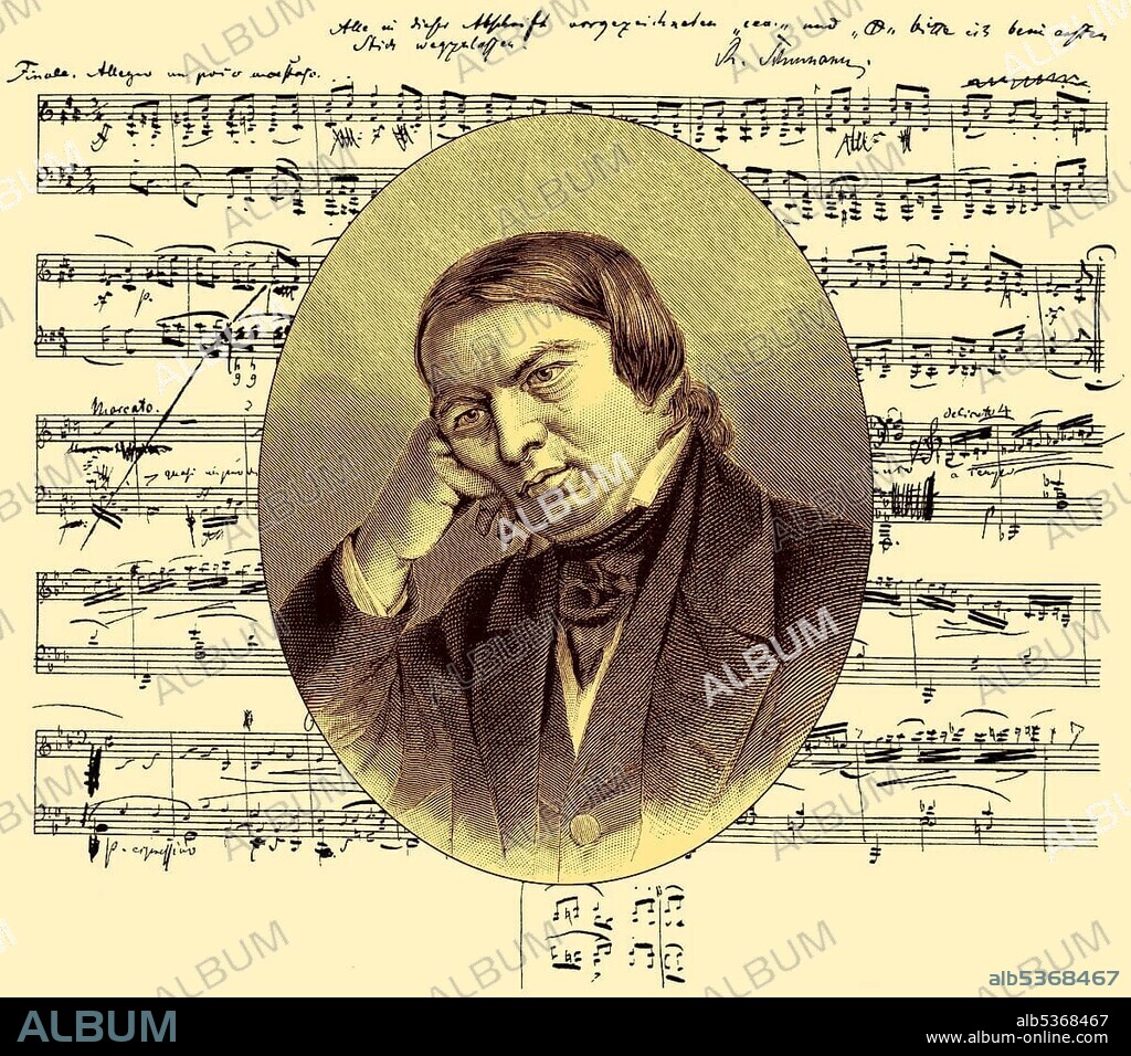 Sonata No. 1 Op. 2, historical handwritten sheet music and portrait of Robert Schumann, 1810-1856, German composer and pianist of Romanticism