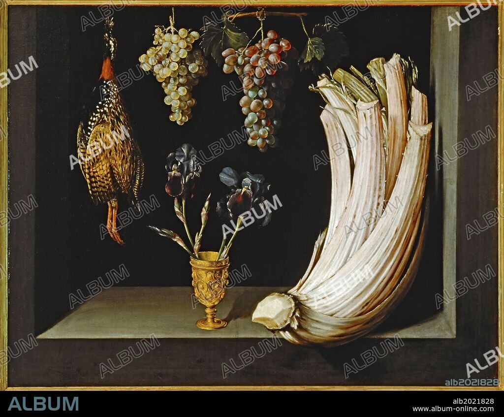 FELIPE RAMÍREZ. Felipe Ramírez / 'Bodegón con cardo, francolín, uvas y lirios', 1628, Óleo sobre lienzo, 71 x 92 cm, P02802.