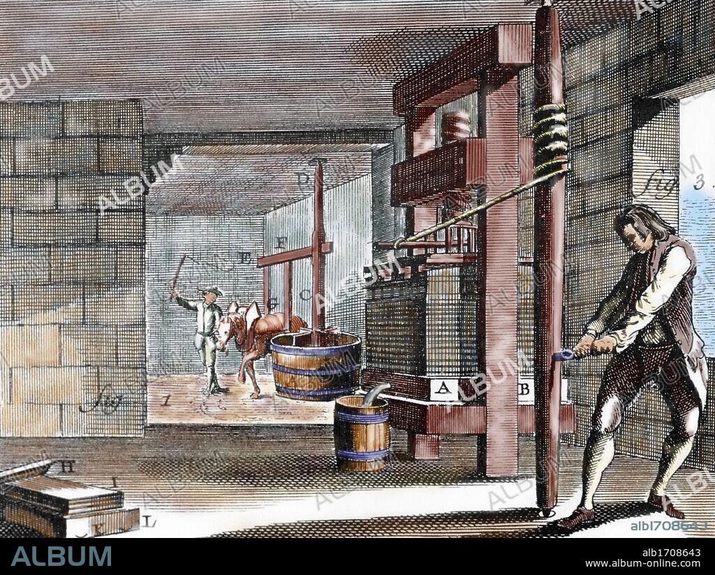 CARTONERIA. Interior de un taller dedicado a la fabricación artesanal del cartón: "ELABORACION DE LA PASTA Y PRENSADO". Ilustración del siglo XVIII de la "Encyclopédie Diderot et d'Alembert". Grabado coloreado.