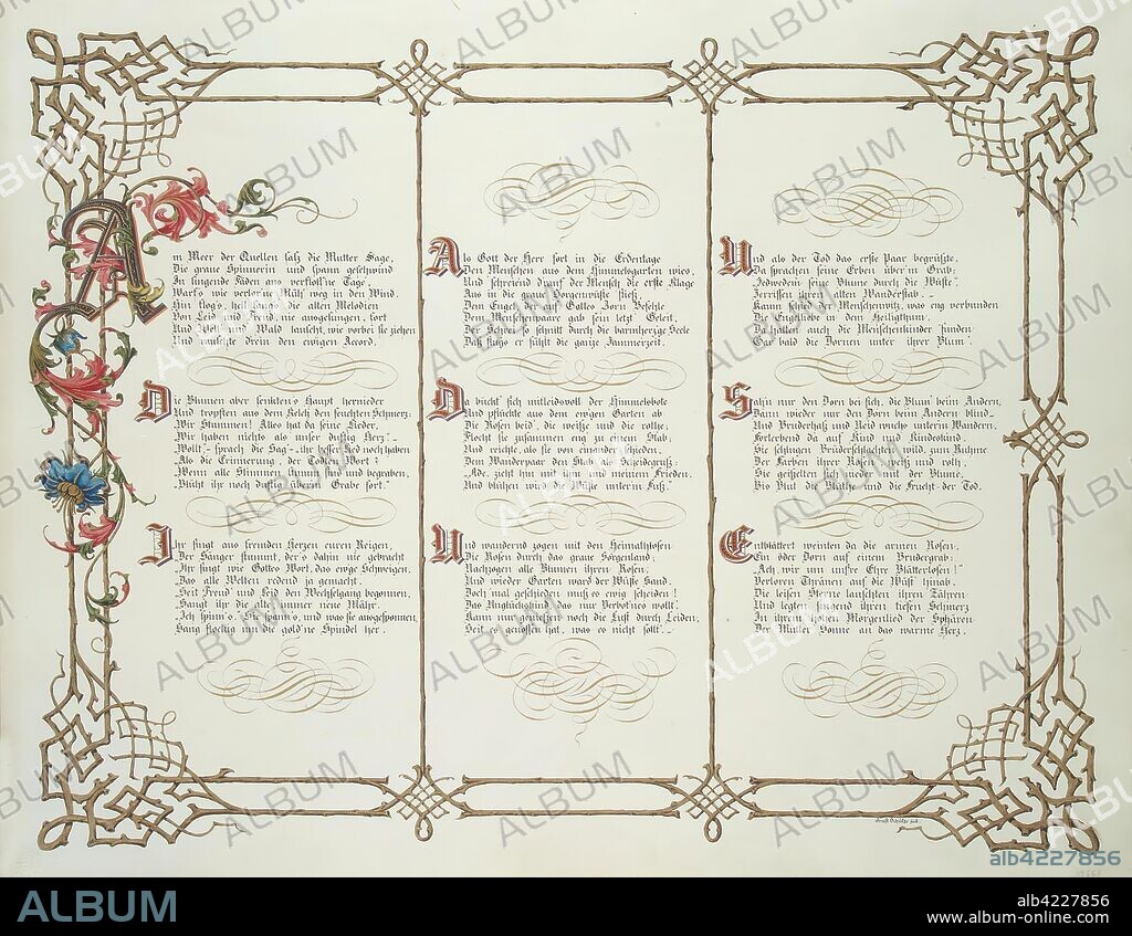 CARL GEORG ANTON GRAEB und ERNST FRIEDRICH GOTTHOLD SCHüTZE II. 'First Sheet of the Poem 'Blancheflour' by K.F. Scherenberg'. Germany, 1854. Dimensions: 44,5x55,6 cm.