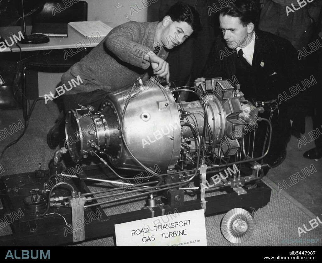 Jet Car Engine. The world's first gas turbine car engine, invented by British engineers and designed to power lorries, small river craft and limousines, has no pistons, cylinders, spark plugs, radiator or clutch. It weighs only 250lb., has the equivalent power of a petrol-driven car of 35-40 hp. May 10, 1948. (Photo by The Associated Press Ltd.).