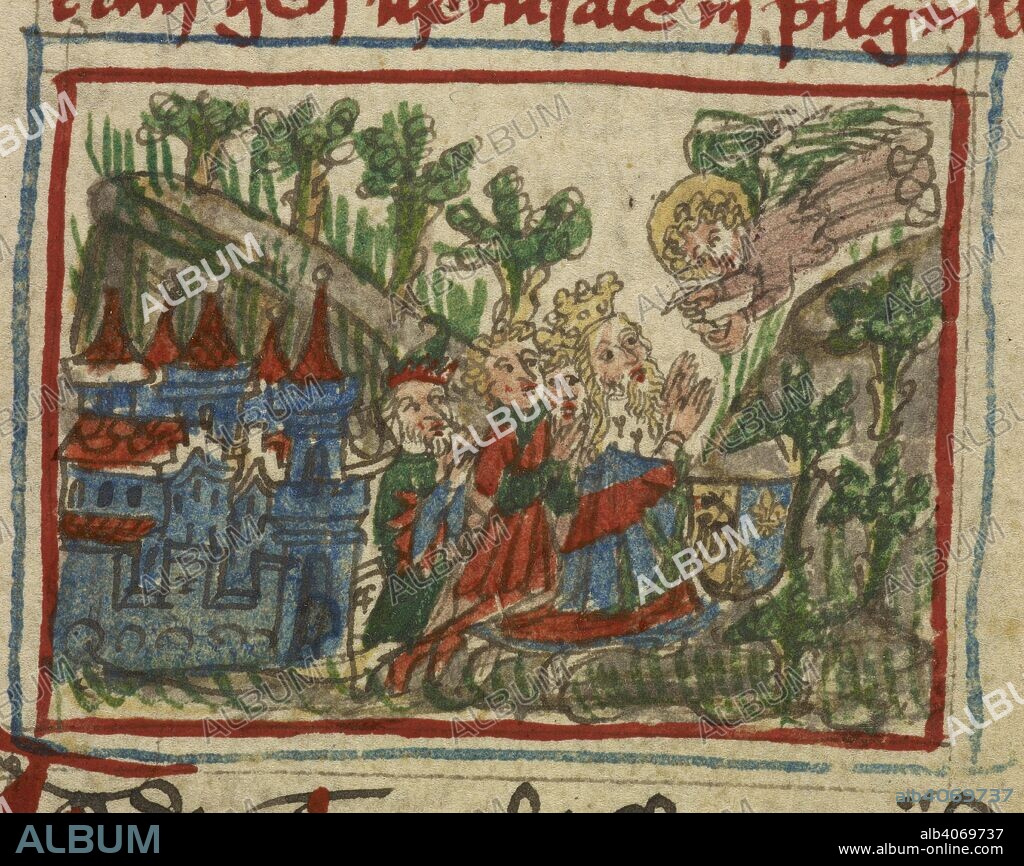 Illustration of the travels of Sir John de Mandeville. TRAVELS of Sir John de Mandeville. TRAVELS of Sir John de Mandeville, translated into German by Otto. von Diemeringen, Canon of Metz. Vellum and paper, XVth cent.. with coloured drawings. Source: Add. 17335 f.25 (det). Language: German.