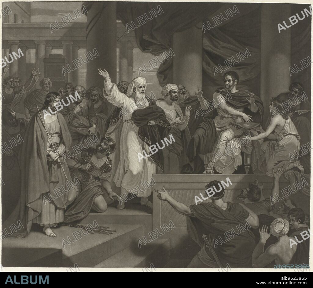 Christ stands before Pontius Pilate on trial. The people demand the crucifixion of Christ. Pilate, feeling the pressure of the crowd and giving in to their demand, washes his hands of the matter., Christ before Pilate, print maker: Charles Howard Hodges, after: Robert Smirke, 1806, paper, h 522 mm × w 568 mm.