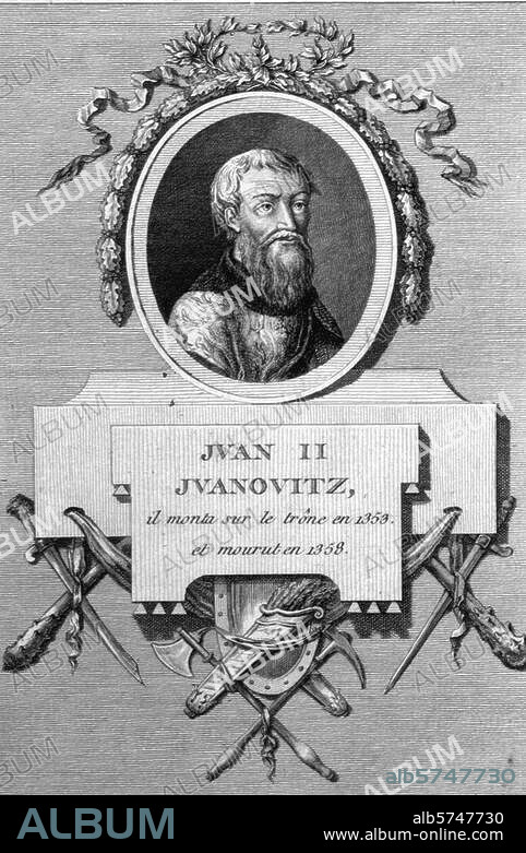 Ivan II Ivanovitch ("le Doux"), prince de Moscou et de Wladimir (1353-59), fils d'Ivan Ier Danilovitch Kalita; 1326 - 13.11.1359. "IVAN II IVANOVITZ (...) ". Gravure sur cuivre, seconde moitié du 18ème siècle, de le Grand (Louis Legrand ?, 1723-1807) d'ap. Chevalier. Paris, coll. particulière.