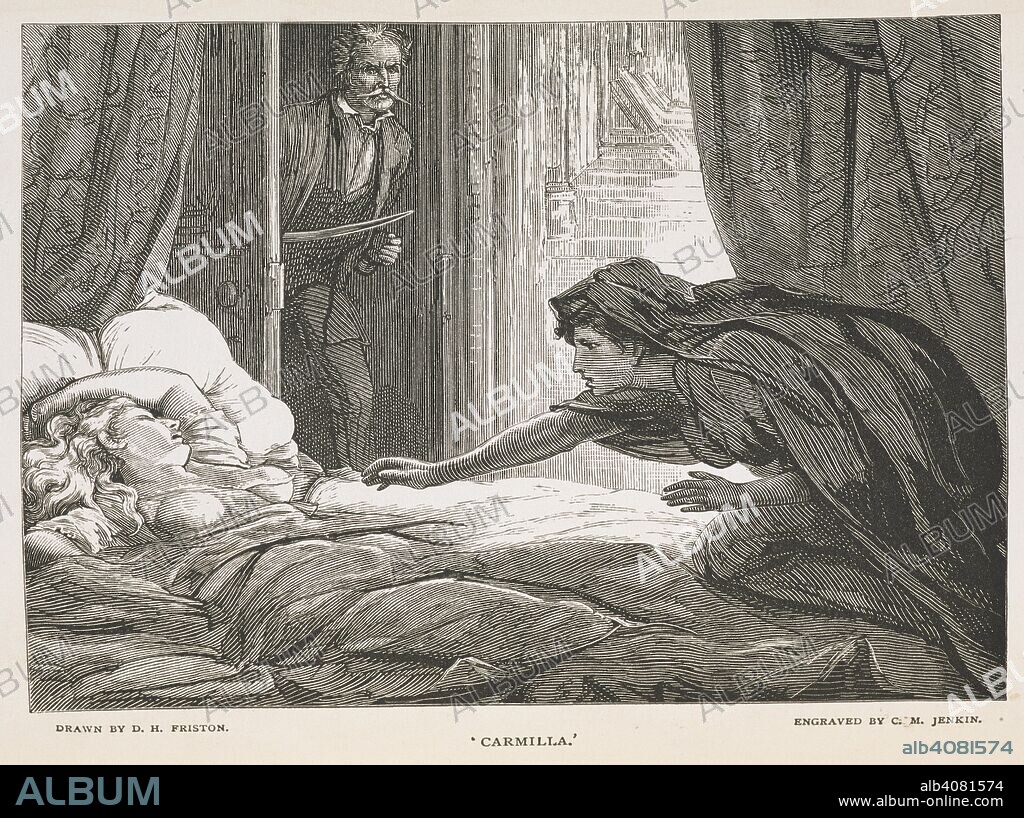 'Carmilla'. A woman reaching out to another lying in bed. The dark blue. London : Sampson Low, Son and Marston, 1871-1873. Source: C.194.a.465, opposite page 71. Language: English.