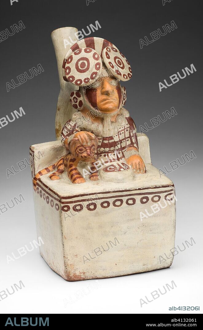 Vessel in the Form of a Seated Ruler with a Pampas Cat. Moche; North coast, Peru. Date: 250 AD-550 AD. Dimensions: 19.4 × 19.1 cm (7 5/8 × 7 1/2 in.). Ceramic and pigment. Origin: North Coast.