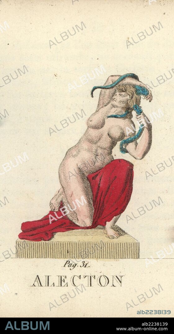 Alecto, one of the Greek Enrinyes or Roman Furies, the angry one, depicted with snakes. Handcoloured copperplate engraving engraved by Jacques Louis Constant Lacerf after illustrations by Leonard Defraine from "La Mythologie en Estampes" (Mythology in Prints, or Figures of Fabled Gods), Chez P. Blanchard, Paris, c.1820.