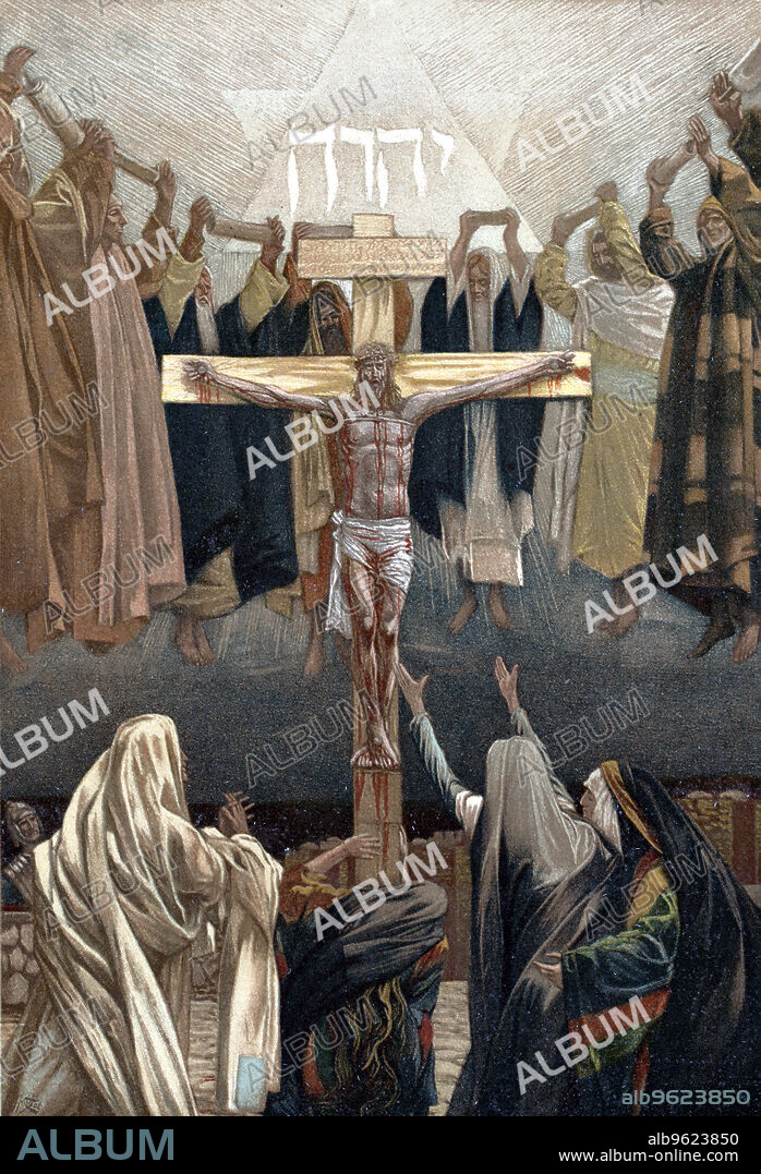 JAMES TISSOT. 'It is Finished': Christ's last words from the Cross, c1890. As Christ speaks his last words, at the foot of the cross the three Marys and James strain anxiously towards him while, above, the Jewish patriarchs and prophets of the Old Testament raise their scrolls of law and prophecy, welcoming him into Heaven. From The Life of our Saviour Jesus Christ by JJ Tissot. (London, c1890).
