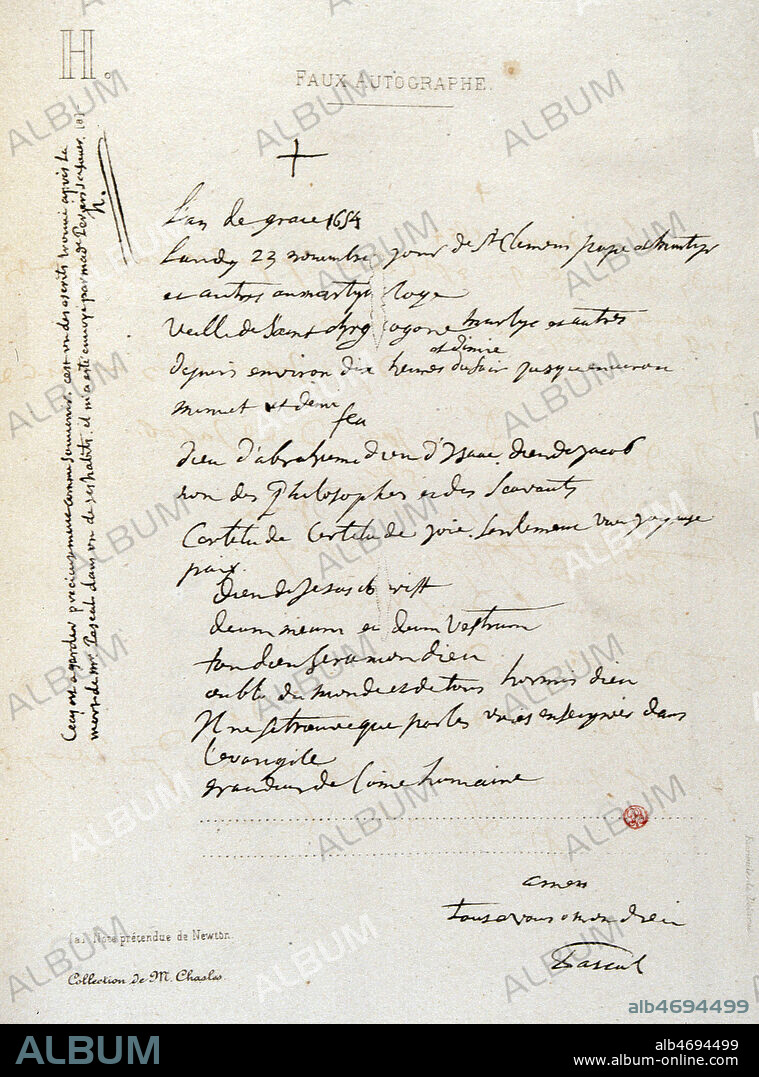 'Fac-simile d'un faux autographe de Pascal forge par Vrain-Lucas, page H' Manuscrit pour l'ouvrage 'Defense de BLAISE Pascal (1623-1662) et accessoirement de Newton (1642-1727), Galilee (1564-1642) , Montesquieu(1689-1755), etc contre les faux documents (sur les faux autographes fabriques par Vrain-Lucas)' par FAUGERE a Paris en 1868 (XIXeme s., 19eme s., 19e s.) Credit: JEAN VIGNE / KHARBINE TAPABOR.