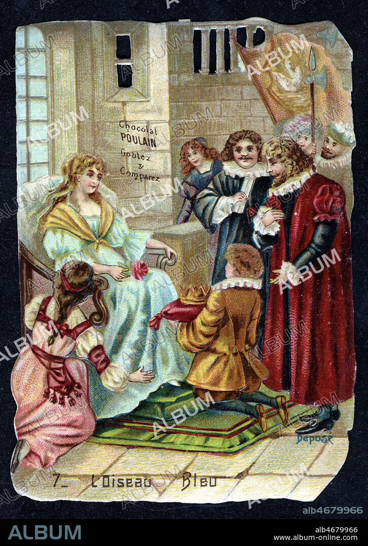 L'OISEAU BLEU, conte de Mme d'AULNOY : 7eme scene, FLORINE est couronnee. Chromo publicitaire pour le chocolat POULAIN, vers 1890. Credit Collection Kharbine Tapabor.