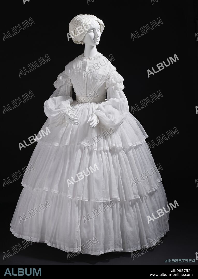 Woman's white muslin dress with tiered flounces, Europe, c.1855.