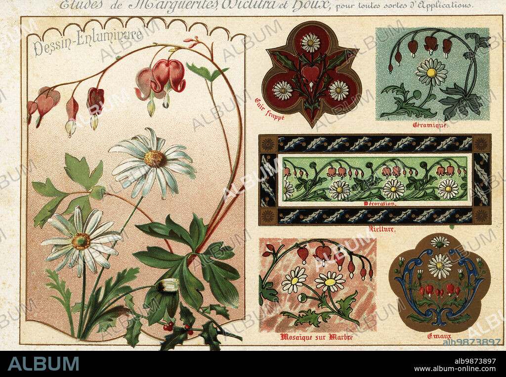 Images of oxeye daisies, bleeding hearts and holly from manuscripts and their applications in ceramics, bindings, mosaic, enamel and copperwork. Chromolithograph designed and lithographed by Ernst Guillot from his Flowers After Nature and Ornamental Flowers, Fleurs d`apres Nature et fleurs ornementales, Paris, 1890.