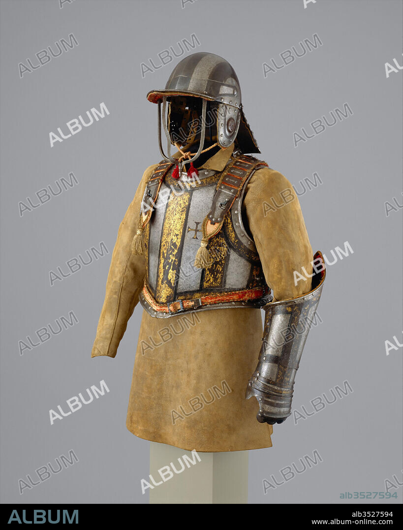 Harquebusier's Armor of Pedro II, King of Portugal (reigned 1683–1706), ca. 1683 and later, London, British, London, Steel, gold, leather, textile, Wt. 43 lb. 5 oz. (19.6 kg); helmet: 14 x 11 x 15 1/4 in. (35.6 x 27.9 x 38.7 cm); Wt. 9 lb. 10 oz. (4354 g); breastplate: 18 1/2 x 16 5/16 x 7 13/16 in. (47 x 41.4 x 19.8 cm); Wt. 10 lb. 14 oz. (4944 g); backplate: 17 1/2 x 16 1/4 x 8 1/2 in. (44.5 x 41.3 x 21.6 cm); Wt. 11 lb. 5 oz. (5126 g); reinforcing breastplate: 17 3/8 x 16 3/16 x 6 13/16 in. (44.1 x 41.1 x 17.3 cm); Wt. 9 lb. 6 oz. (4264 g); bridle gauntlet: 5 1/2 x 19 7/16 x 6 3/4 in. (14 x 49.4 x 17.1 cm); Wt. 2 lb. 2 oz. (953 g), Armor for Man, This armor can be identified by its decoration as having belonged to Pedro II (reigned 1683–1706). The decoration includes the crowned monogram PR for Pedro Rex (Pedro the King) and the cross of the commander of the Order of Christ, a hereditary office held by the kings of Portugal.