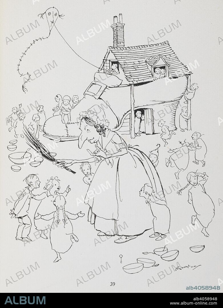 There was an old lady who lived in a shoe. Woman with a shoe-house and lots of children. Mother Goose. The old nursery rhymes. Illustrated by Arthur Rackham. London : William Heinemann, [1913.]. Source: 11646.h.32. page 39.