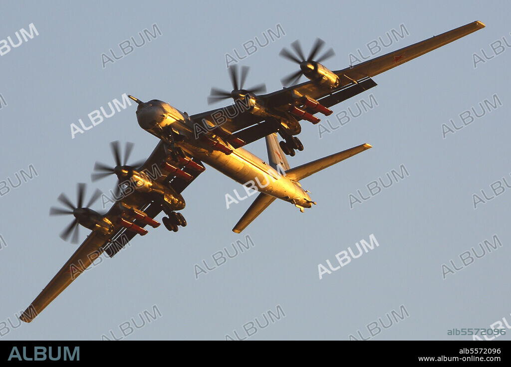 Tu-95MSM strategic bomber with X-101 missiles performing test flight, Zhukovsky, Russia.