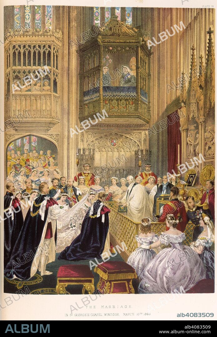 The marriage of Albert Edward, Prince of Wales to Alexandra, Princess of Denmark, in 1863. A Memorial of the Marriage of Albert Edward, Prince of Wales ... London, 1864. The marriage in 1863, of Albert Edward (1841-1910), Prince of Wales (later Edward VII) and Alexandra (1844-1925), Princess of Denmark, (later, Queen Consort). Royal wedding. Source: 1754.d.32, opposite 94. Language: English.