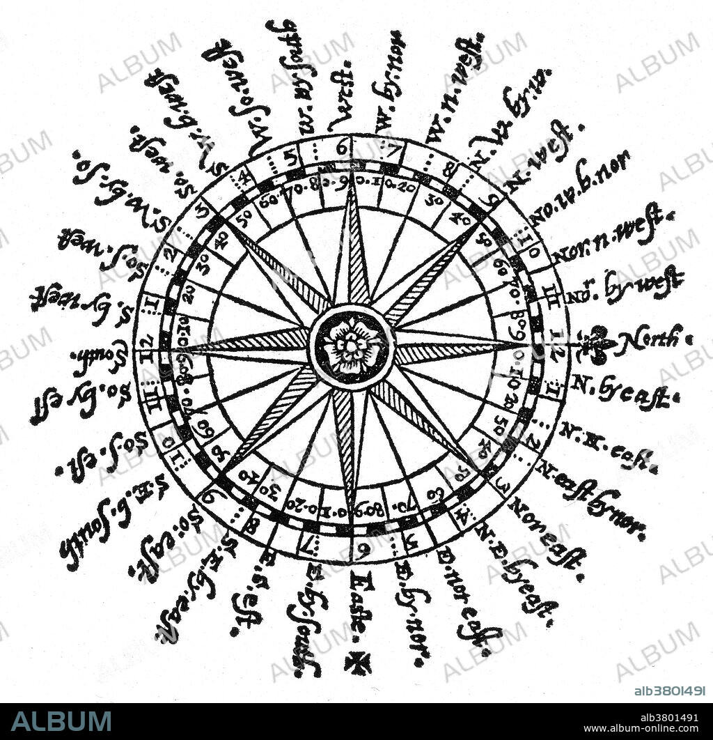 The compass rose is an old design element found on compasses, maps and even monuments to show cardinal directions and frequently intermediate direction. The rose term arises from the fairly ornate figures used with early compasses. Older sources sometimes use the term compass star, or stella maris (star of the sea), to refer to the compass rose. In the Middle Ages, the names of the winds were commonly known throughout the Mediterranean countries as tramontana (N), greco (NE), levante (E), siroco (SE), ostro (S), libeccio (SW), ponente (W) and maestro (NW). The compass rose has appeared on charts and maps since the 1300's when the portolan charts first made their appearance. It is designed in a circle divided into 32 points or 360 degrees numbered clockwise from true or magnetic north, printed on a chart or the like as a means of determining the course of a vessel or aircraft. Appeared in The Seaman's Secrets byThomas Dawson, 1607.