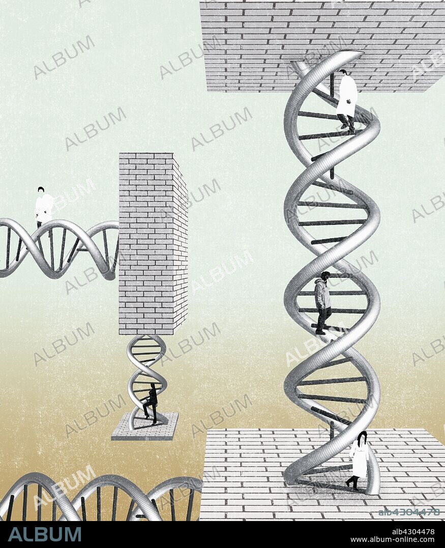People climbing DNA double helices between brick walls.