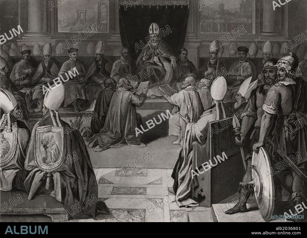 History of the ecumenical councils of Rome. Council of Vienna under the pontificate of Pope Clement V and Philip IV the Fair, between 1311 and 1312. Published in Paris, engraving, 1869.