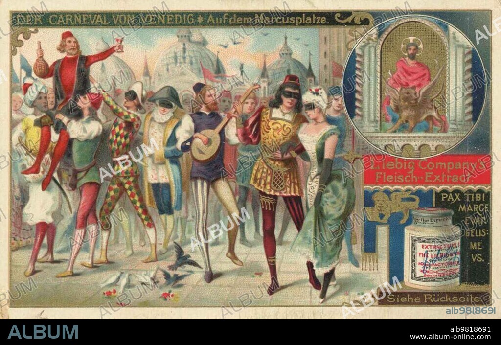 On the market square; digitally restored reproduction of a public domain collector's picture from ca 1900; Liebig picture series Carnival of Venice; Italy (1892).