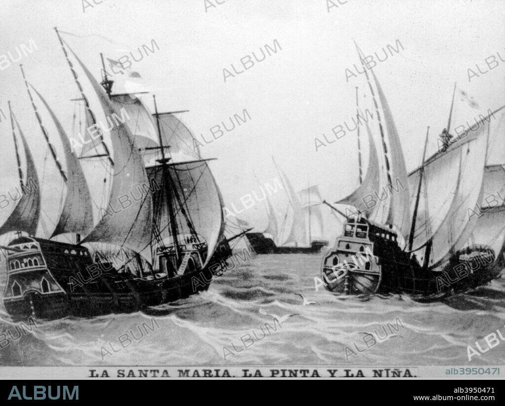The Santa Maria, the Pinta and the Nina. Small carablea fleet, under the command of Colombus, Martin Alonso Pinzon, and Vicente Yanez Pinzon. Cigar card from the History of Cuba, Geografico Universal, Propaganda de los Cigarros Susini y La Corona, Tabacalera Cubana.