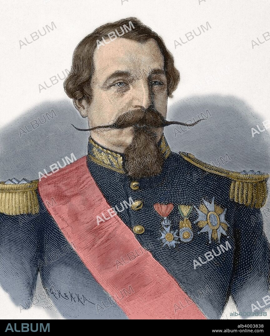 Napoleón III (Carlos Luis Napoleón Bonaparte) (París,1808-Chislehurst,1873). Unico presidente de la Segunda República Francesa y posteriormente emperador de los franceses entre 1852 y 1870, bajo el nombre de Napoleón III. Era hijo de Luis Bonaparte, hermano de Napoleón I, y de Hortensia, hija de Josefina de Beauharnais, primera esposa de Napoleón. Grabado del año 1885. Coloreado.