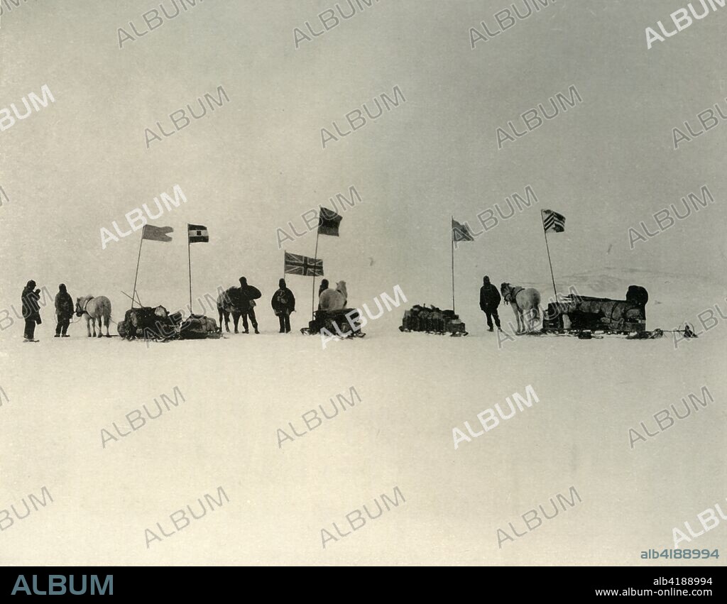 'The Start from the Ice-Edge South of Hut Point', c1908, (1909). Anglo-Irish explorer Ernest Shackleton (1874-1922) made three expeditions to the Antarctic. During the second expedition, 1907-1909, he and three companions established a new record, Farthest South latitude at 88°S, only 97 geographical miles (112 statute miles, or 180 km) from the South Pole, the largest advance to the pole in exploration history. Members of his team also climbed Mount Erebus, the most active volcano in the Antarctic. Shackleton was knighted by King Edward VII for these achievements. He died during his third and last 'oceanographic and sub-antarctic' expedition, aged 47. Illustration from The Heart of the Antarctic, Vol. I, by E. H. Shackleton, C.V.O. [William Heinemann, London, 1909].
