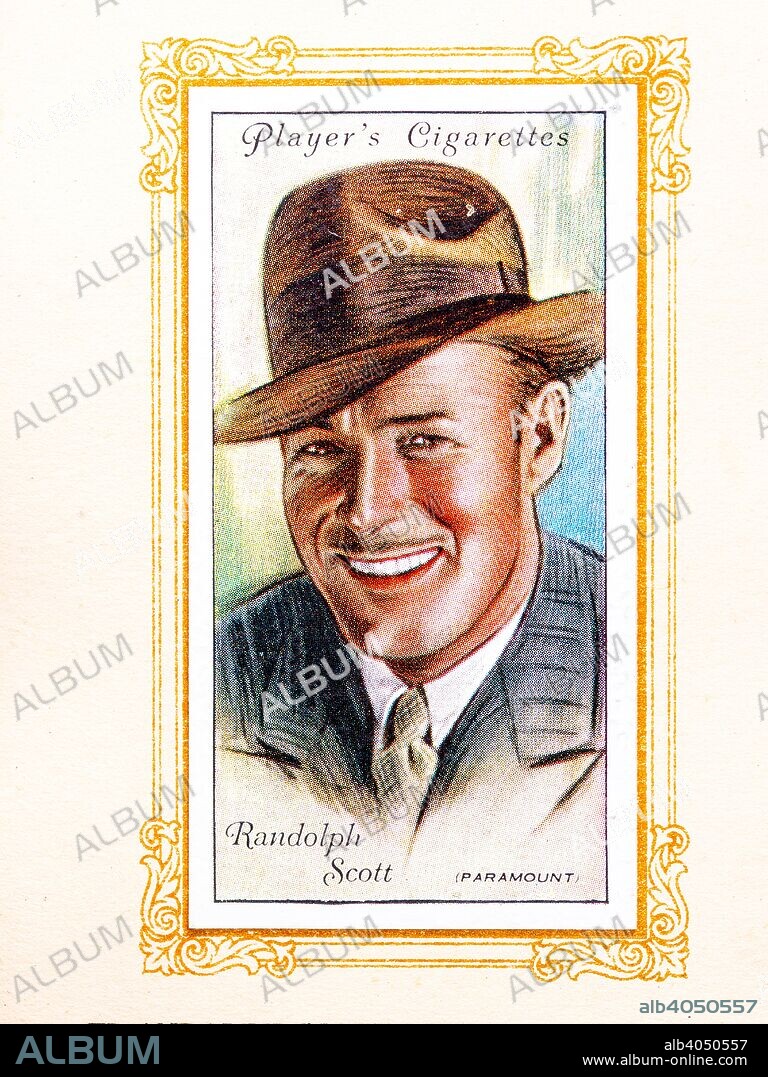 Randolph Scott, 1934. George Randolph Scott (January 23, 1898 - March 2, 1987) was an American film actor whose career spanned from 1928 to 1962. From An Album of Film Stars; Second Series issued by John Player & Sons. [Imperial Tobacco & Co Ltd, 1934].