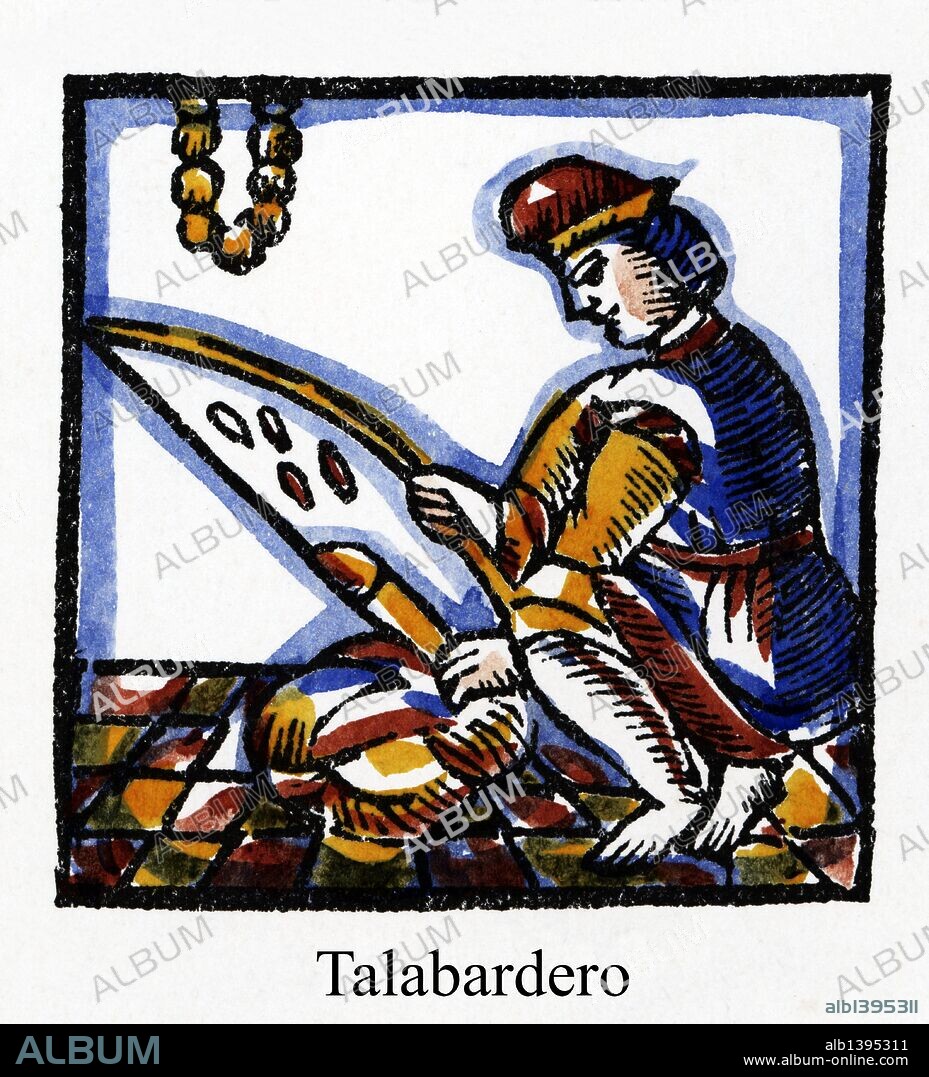 Artes y Oficios de Barcelona desde la Edad Media. Grabado al Boj del siglo XVIII. Talabardero trabajando el cuero.