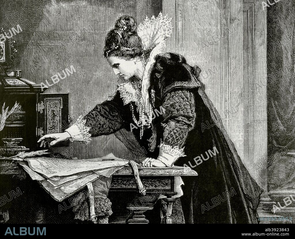 Elizabeth I of England (1533-1603). Queen of England and Ireland (1558-1603). Queen Elizabeth signs the condemnation to death to Mary Stuart. Engraving after a painting from the German artist Alexander von Liezen-Mayer (1839-1898). Detail. La Ilustracion Espa–ola y Americana, September 8, 1876.