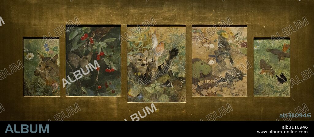 Bruno Liljefors (1860-1939). Swedish painter. Five animals studies in one frame, 1885. A Cat with a Young Bird in its Mouth, Sparrows in a Cherry Tree, A Cat and a Chaffinch, Chaffinches and Dragonflies and Redstarts and Butterflies. National Museum. Stockholm. Sweden.