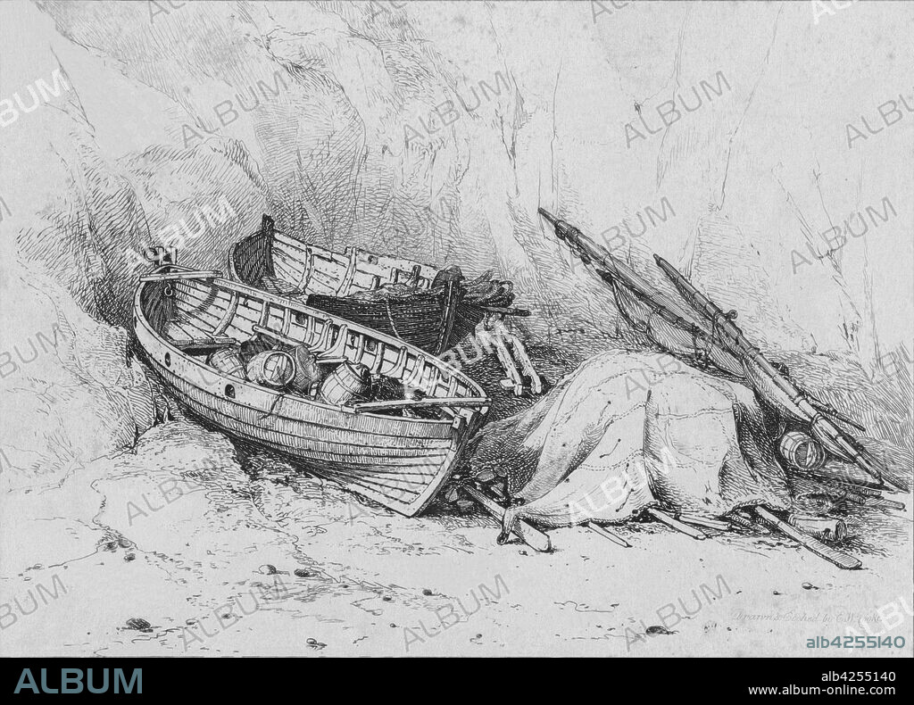 EDWARD WILLIAM COOKE. 'On The Beach at Cromer', c1828. Lobster boats and fishing equipment on the Norfolk coast.