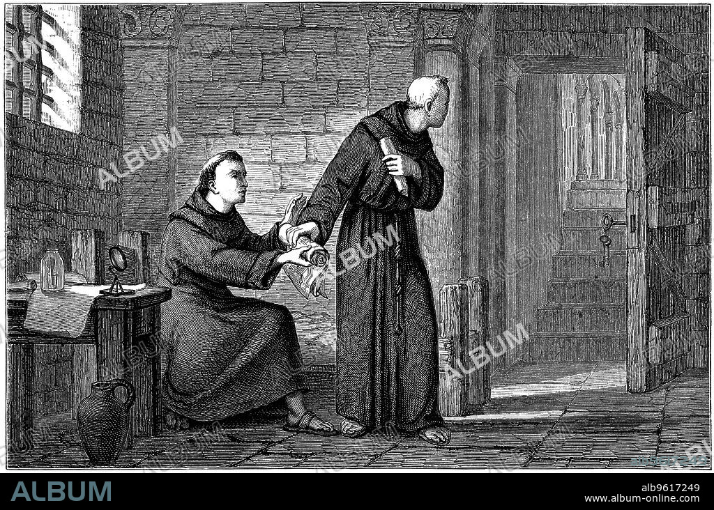 Roger Bacon, English experimental scientist, philosopher and Franciscan friar. Bacon (c1214-1292) was known as 'Doctor Mirabilis' due to his interest in magic and alchemy, the pursuit of which led ultimately to his being expelled from the Franciscan order. He experimented with optics and lenses, leading to the development of spectacles. Here Bacon, imprisoned in a monastery in Paris, sends the manuscript of his Opus Majus to Pope Clement IV, using a brother friar as a messenger.