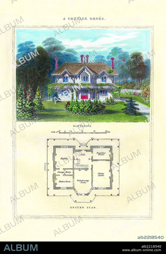 Cottages & Villas of the English Countryside in the adaptation from foreign influences in design with a painting of the home and a basic first floor plan.