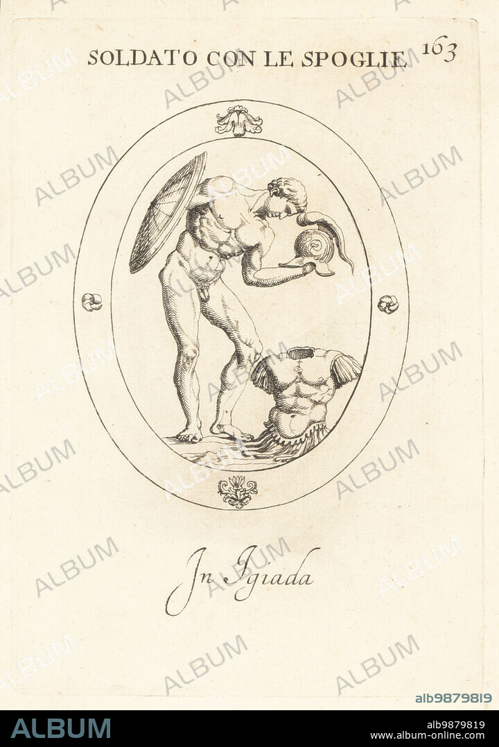 Classical soldier with the spoils of war. Greek and Roman soldiers laid down and consecrated their weapons and armour to the gods. Naked soldier with shield offering crested helmet and breastplate. In jade. Soldato con le Spoglie. In igiada. Copperplate engraving by Giovanni Battista Galestruzzi after Leonardo Agostini from Gemmae et Sculpturae Antiquae Depicti ab Leonardo Augustino Senesi, Abraham Blooteling, Amsterdam, 1685.