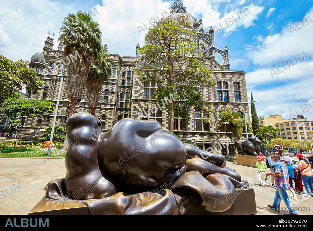 "Mujer reclinada" Sculpture by Fernando Botero, Palacio de la Cultura, Plaza Fernando Botero, Medellin, Antioquia, Colombia, South America.
