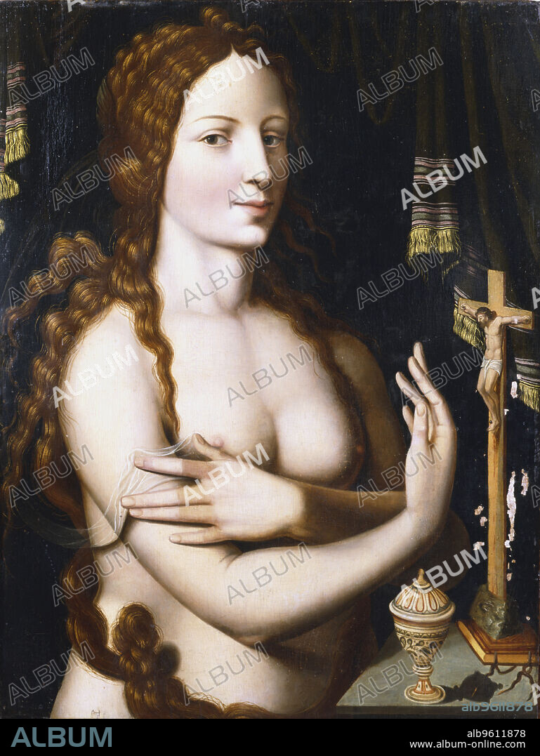 'St Mary Magdalene Repentant'. A naked Magdalene in front of an image of Christ on the cross.